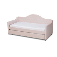 Baxton Studio CF8940-Light Pink-Daybed-T/T Perry Modern and Contemporary Light Pink Velvet Fabric Upholstered and Button Tufted Twin Size Daybed with Trundle